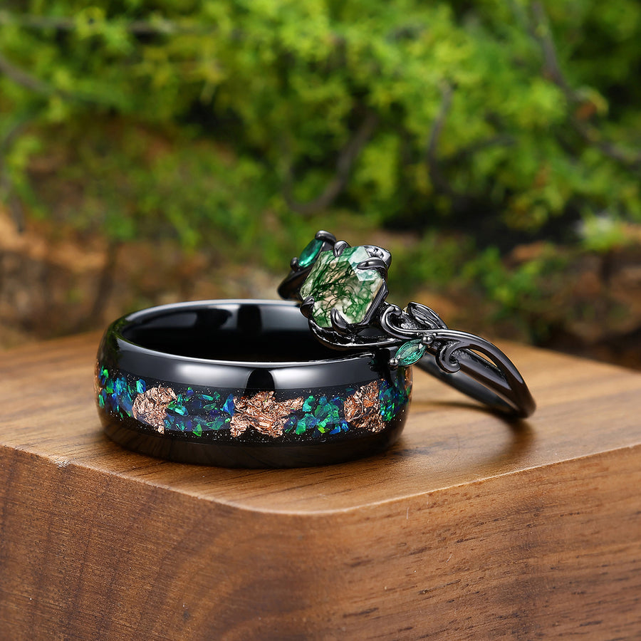 Wire Branch Design Natural Moss Agate Engagement Rings For Couples Matching Tungsten Wedding Ring.
