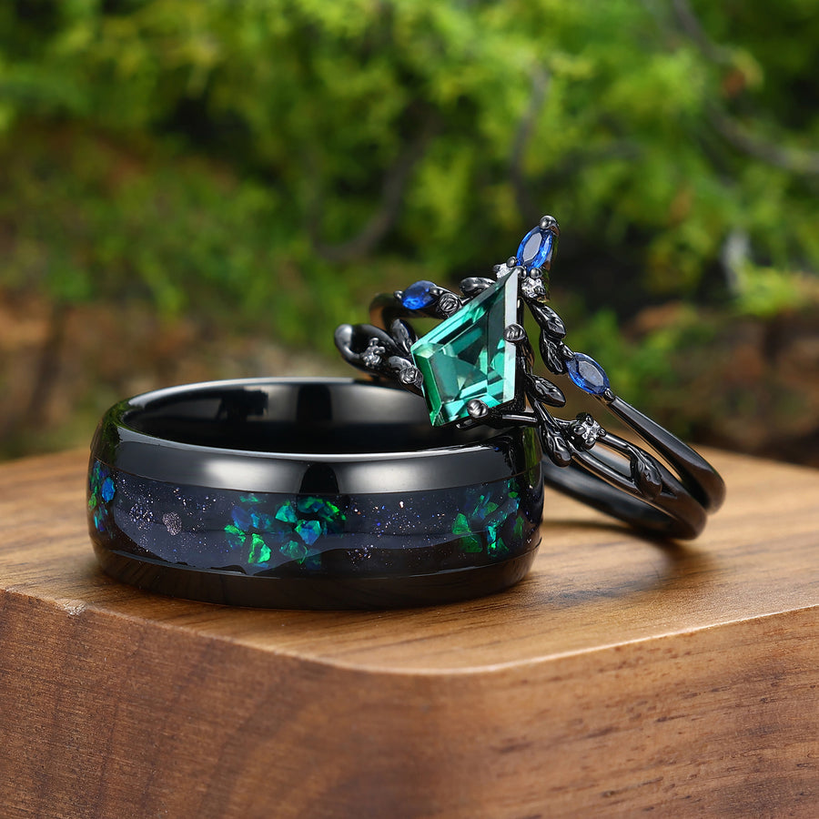 Juego de anillos para parejas con diseño de rama de esmeralda cortada en cometa, 3 piezas, anillos a juego para él y para ella