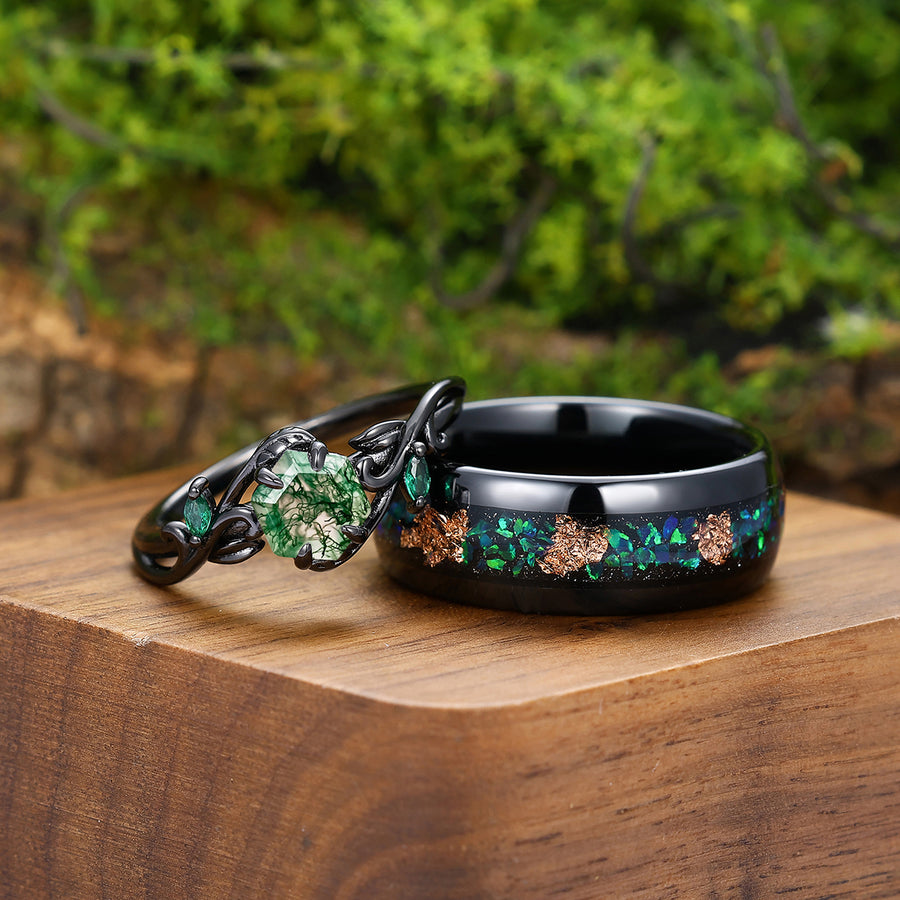 Wire Branch Design Natural Moss Agate Engagement Rings For Couples Matching Tungsten Wedding Ring.