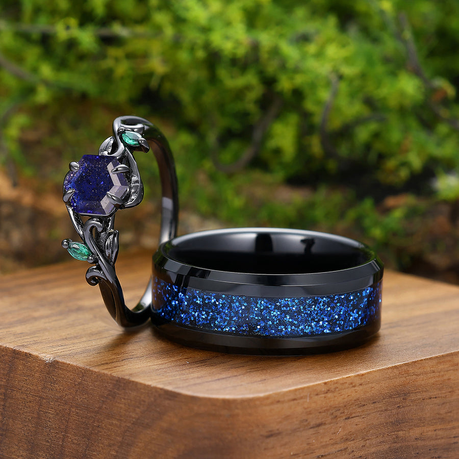 Dainty Openwork Vine Galaxy Sandstone Engagement Couple Rings Matching Tungsten Anniversary Wedding Ring.