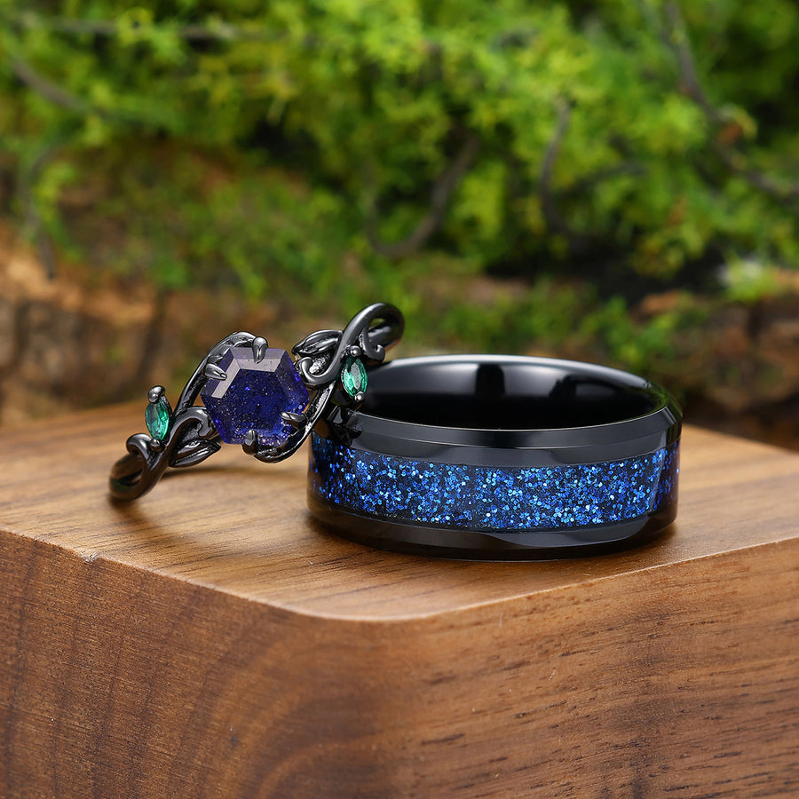 Dainty Openwork Vine Galaxy Sandstone Engagement Couple Rings Matching Tungsten Anniversary Wedding Ring.