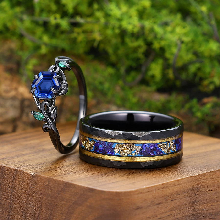 Dainty Sapphire Vines Engagement Couple Rings Matching Promise S925 And Tungsten Rings.