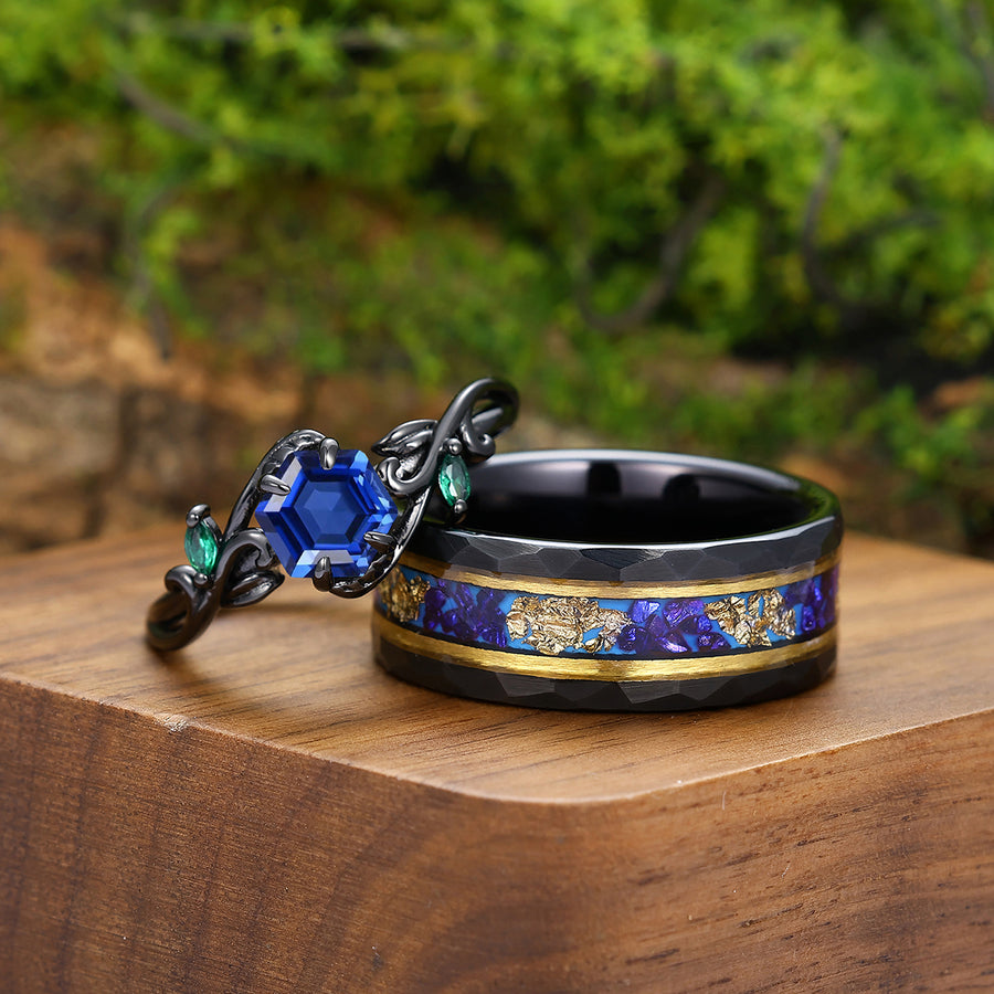 Dainty Sapphire Vines Engagement Couple Rings Matching Promise S925 And Tungsten Rings.