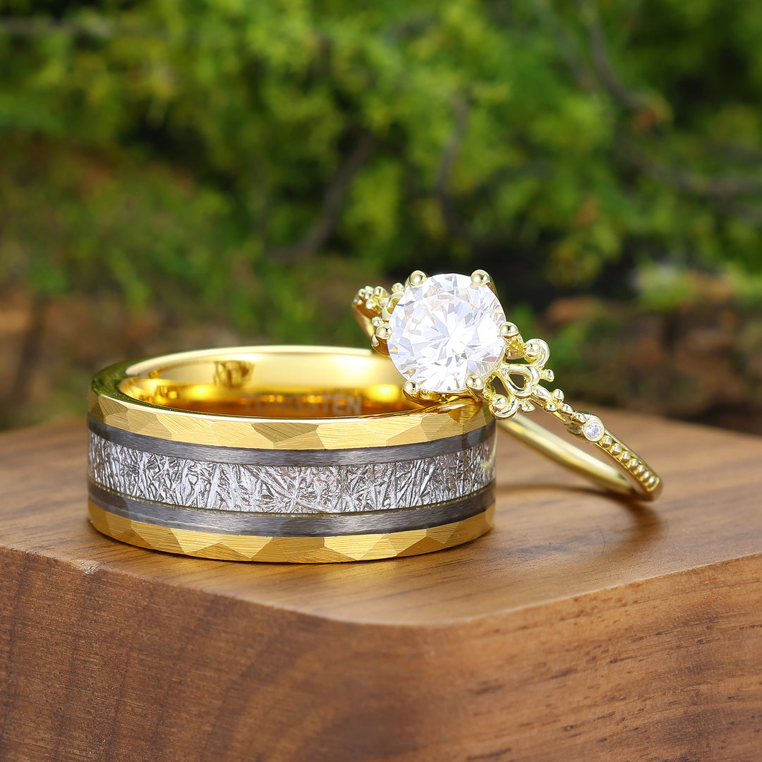 Brilliant Round Cut Moissanite Couple Rings Patterned Shank