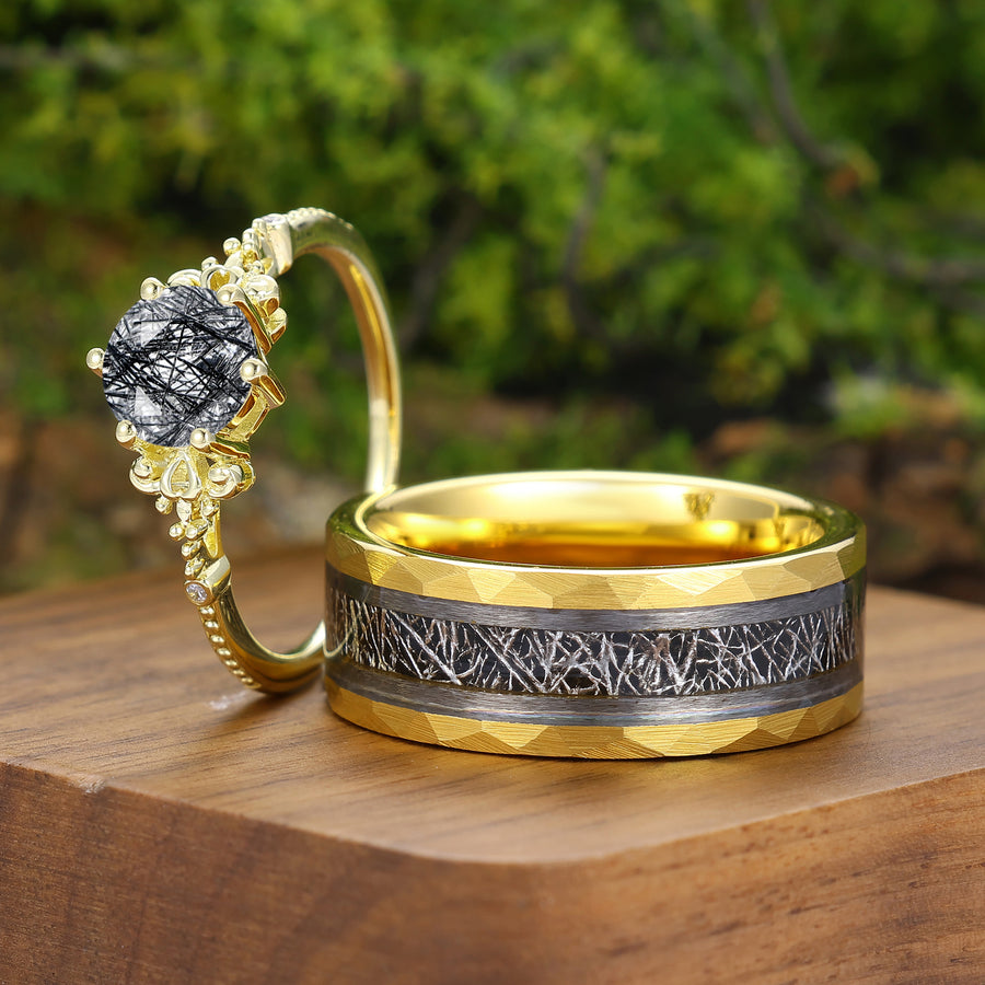 Fascinantes anillos de pareja a juego de cuarzo rutilado negro natural con milgrain para él y para ella