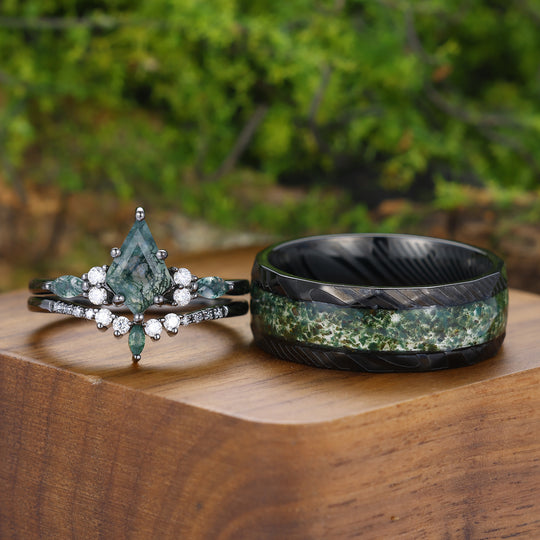 Conjunto de Anillos de Pareja Noble Kite Corte Natural Ágata de Musgo Verde Anillos Verde y Negro para Él y Ella