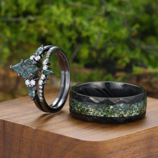 Conjunto de Anillos de Pareja Noble Kite Corte Natural Ágata de Musgo Verde Anillos Verde y Negro para Él y Ella