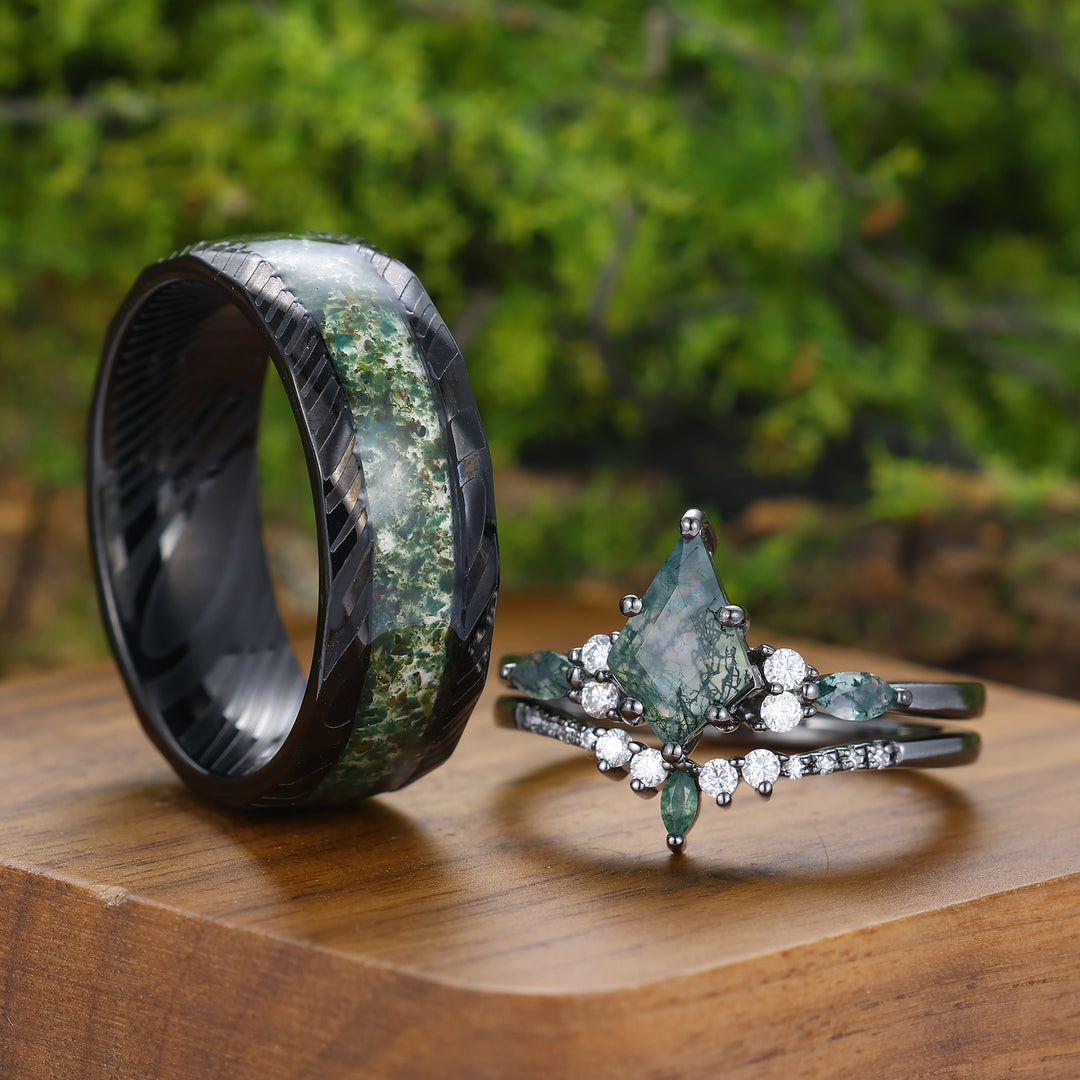 Conjunto de Anillos de Pareja Noble Kite Corte Natural Ágata de Musgo Verde Anillos Verde y Negro para Él y Ella