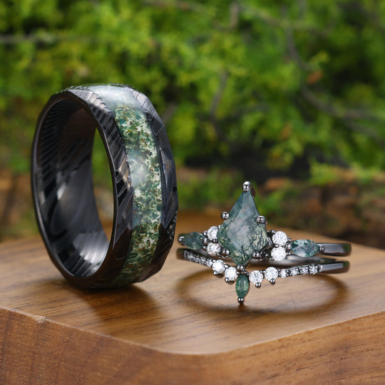 Conjunto de Anillos de Pareja Noble Kite Corte Natural Ágata de Musgo Verde Anillos Verde y Negro para Él y Ella