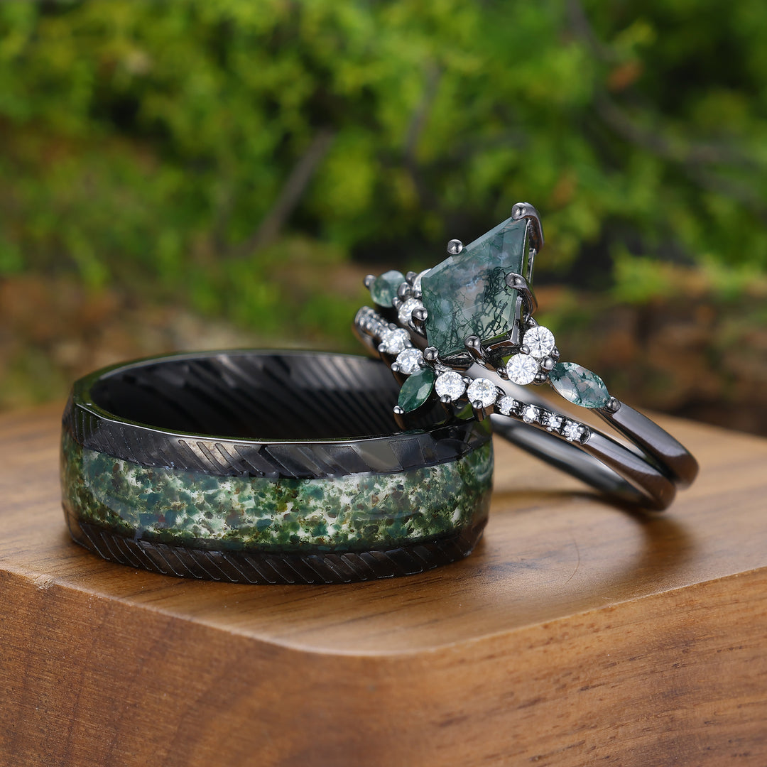 Conjunto de Anillos de Pareja Noble Kite Corte Natural Ágata de Musgo Verde Anillos Verde y Negro para Él y Ella