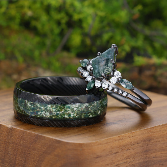 Conjunto de Anillos de Pareja Noble Kite Corte Natural Ágata de Musgo Verde Anillos Verde y Negro para Él y Ella