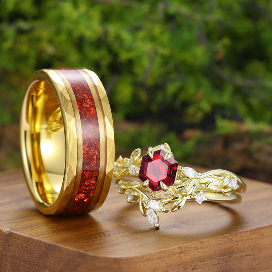Art Deco Rote Granat Blatt Blumen Paar Ring Set Vintage Gelb Vergoldete Paarring