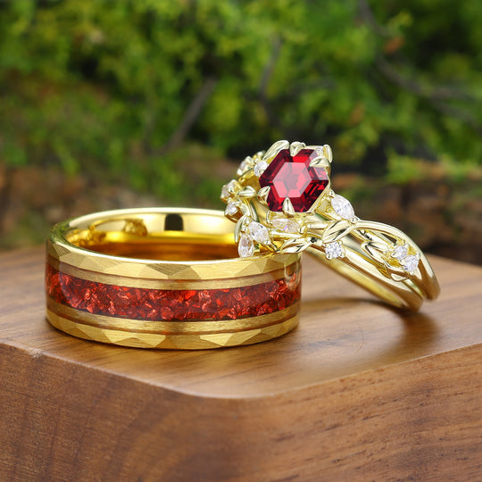 Art Deco Rote Granat Blatt Blumen Paar Ring Set Vintage Gelb Vergoldete Paarring
