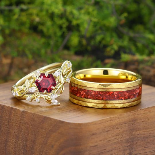 Art Deco Rote Granat Blatt Blumen Paar Ring Set Vintage Gelb Vergoldete Paarring