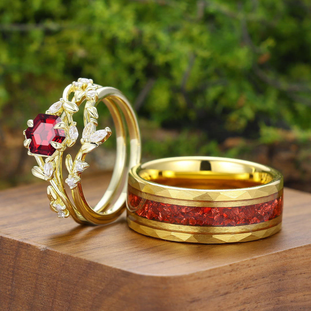 Art Deco Rote Granat Blatt Blumen Paar Ring Set Vintage Gelb Vergoldete Paarring