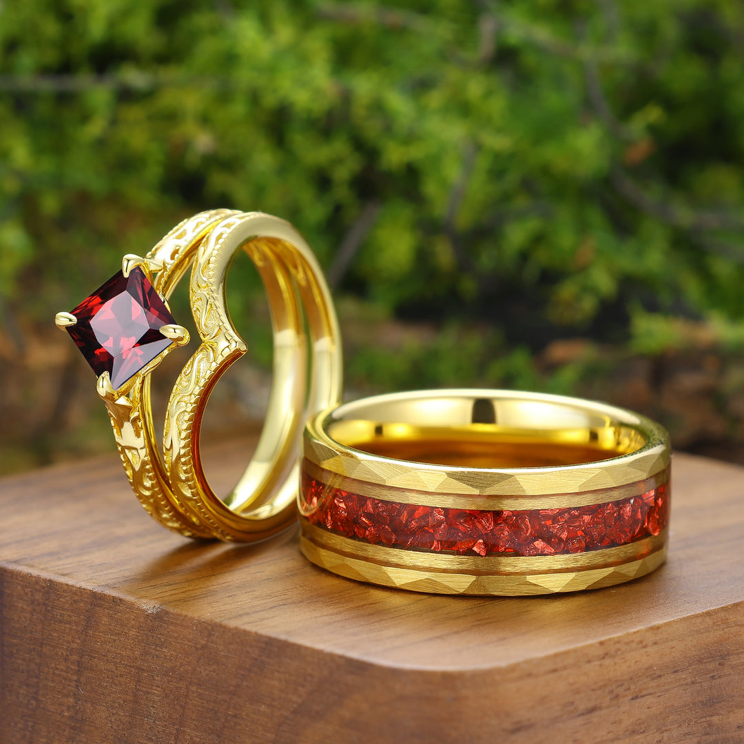 Solitaire Natural Red Garnet Engraved Couple Ring Set Vintage Filigreed Yellow Gold Plated His And Hers Rings