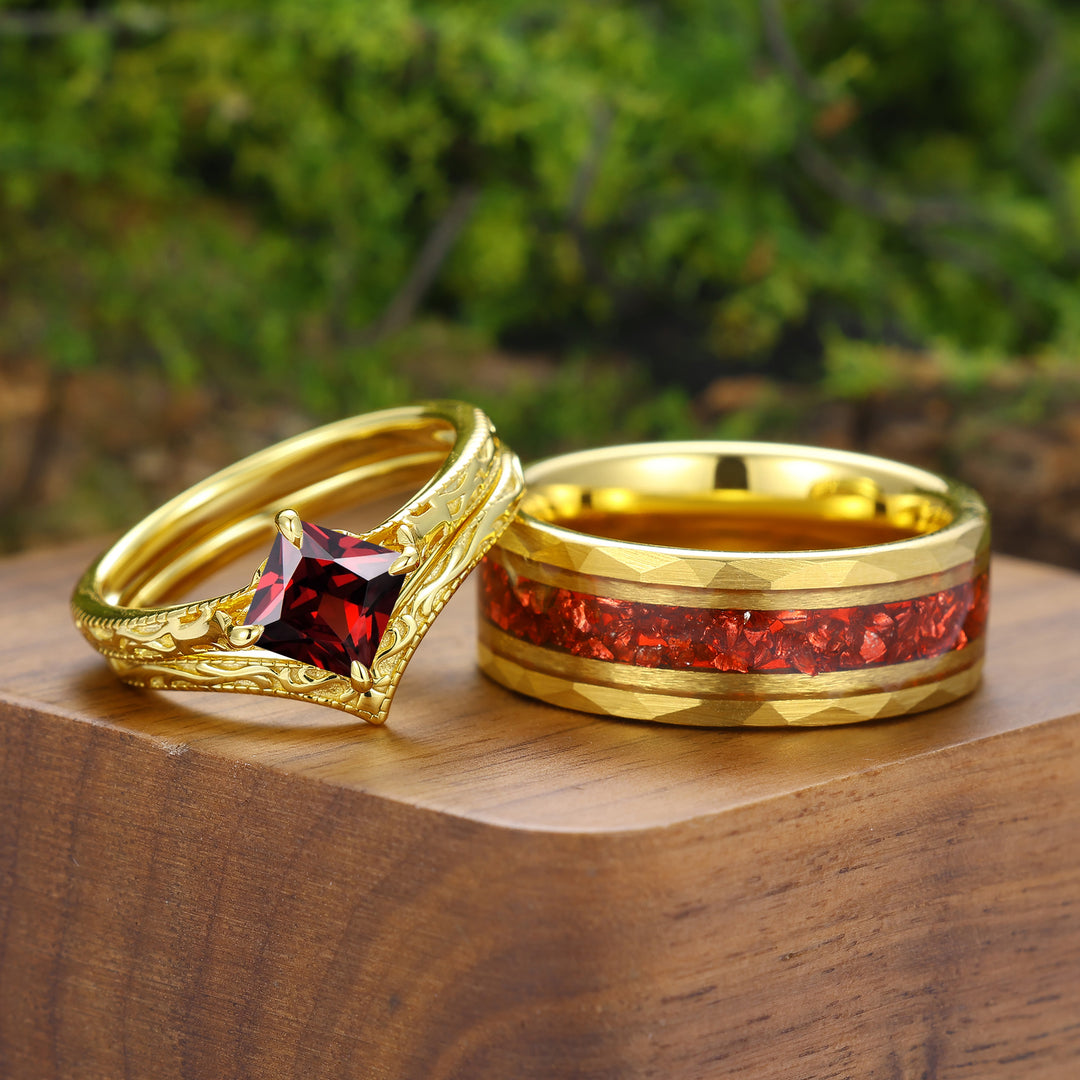 Solitaire Natural Red Garnet Engraved Couple Ring Set Vintage Filigreed Yellow Gold Plated His And Hers Rings