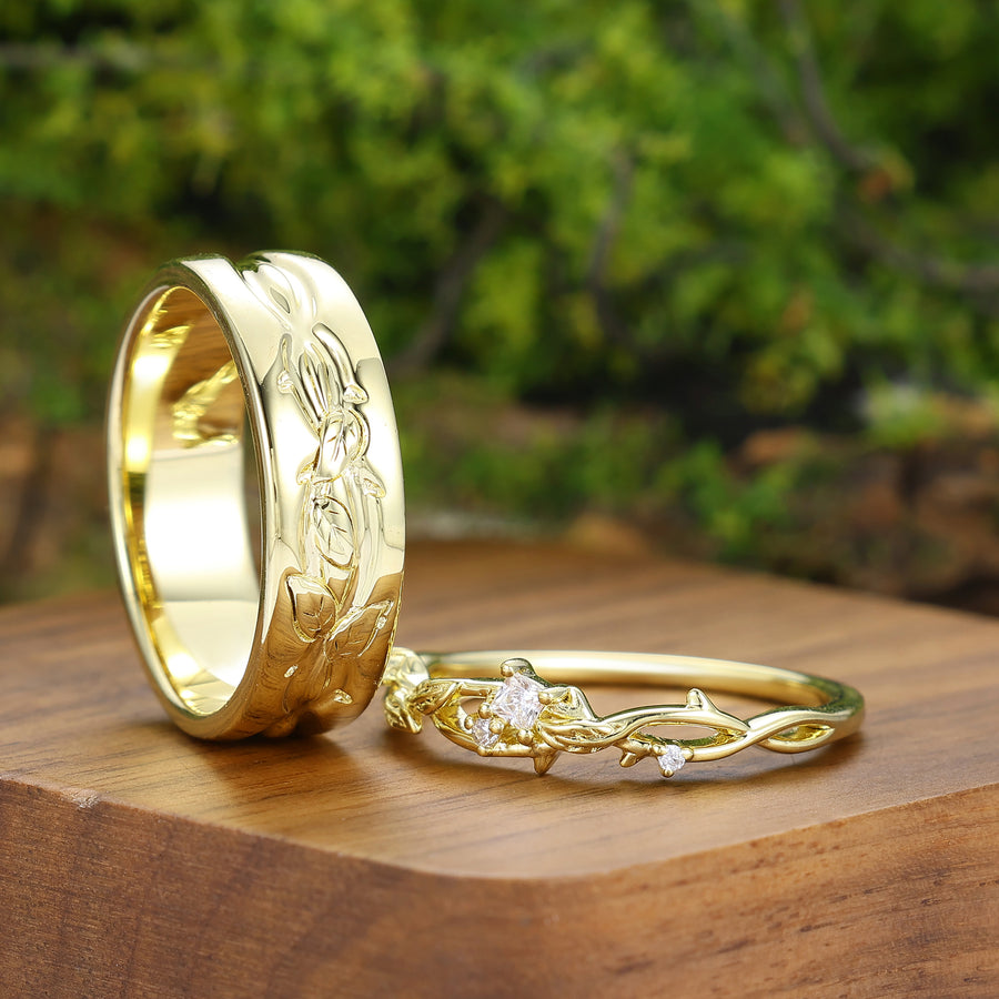 Juego de anillos de pareja con incrustación de 2 piezas de moissanita, anillo de compromiso con hoja, conjunto de anillos a juego de oro amarillo inspirado en la naturaleza
