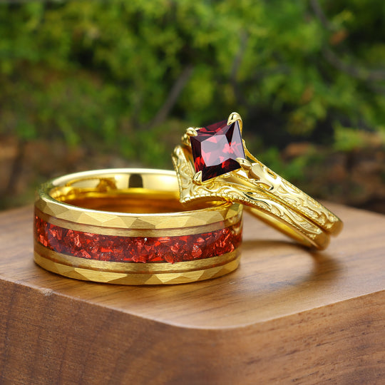 Solitaire Natural Red Garnet Engraved Couple Ring Set Vintage Filigreed Yellow Gold Plated His And Hers Rings