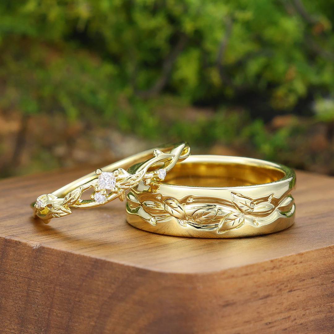 Juego de anillos de pareja con incrustación de 2 piezas de moissanita, anillo de compromiso con hoja, conjunto de anillos a juego de oro amarillo inspirado en la naturaleza