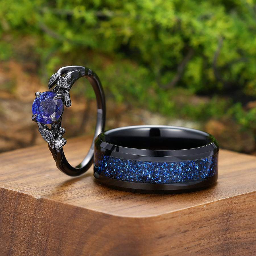 Translucent Galaxy Sandstone Entwined Branches Engagement Couple Rings S925 And Tungsten Couple's Set.