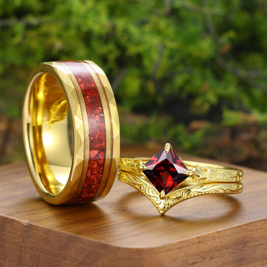 Solitaire Natural Red Garnet Engraved Couple Ring Set Vintage Filigreed Yellow Gold Plated His And Hers Rings