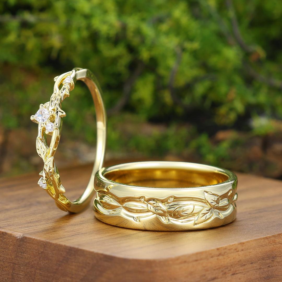 Juego de anillos de pareja con incrustación de 2 piezas de moissanita, anillo de compromiso con hoja, conjunto de anillos a juego de oro amarillo inspirado en la naturaleza