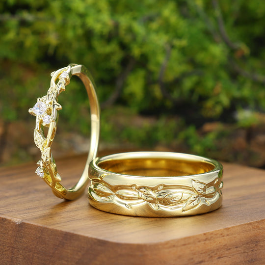 Juego de anillos de pareja con incrustación de 2 piezas de moissanita, anillo de compromiso con hoja, conjunto de anillos a juego de oro amarillo inspirado en la naturaleza