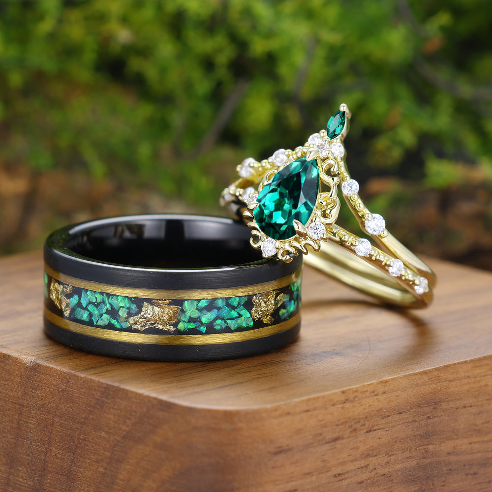 Vintage Pear Cut Green Emerald Couple Ring Set Filigreed Yellow Gold Plated Rings For Him And Her