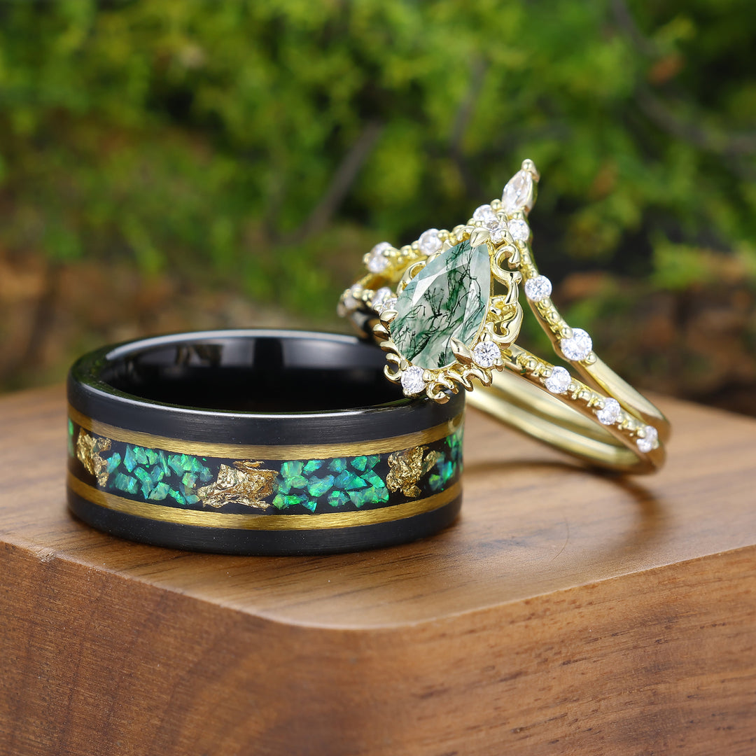 Antieke natuurlijke mosagaat bijpassende ringen voor hem en haar — unieke filigraan set van ringen voor koppels