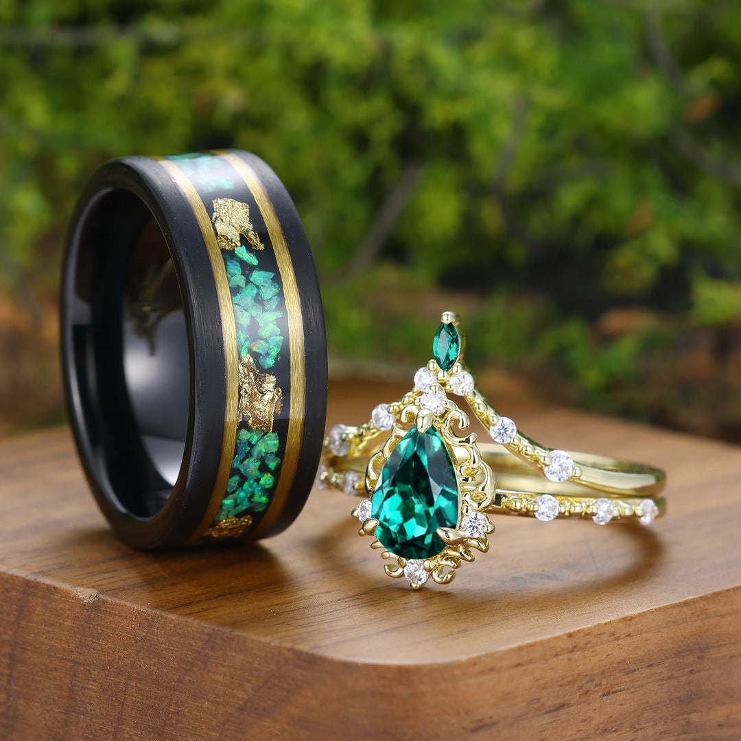 Vintage Pear Cut Green Emerald Couple Ring Set Filigreed Yellow Gold Plated Rings For Him And Her