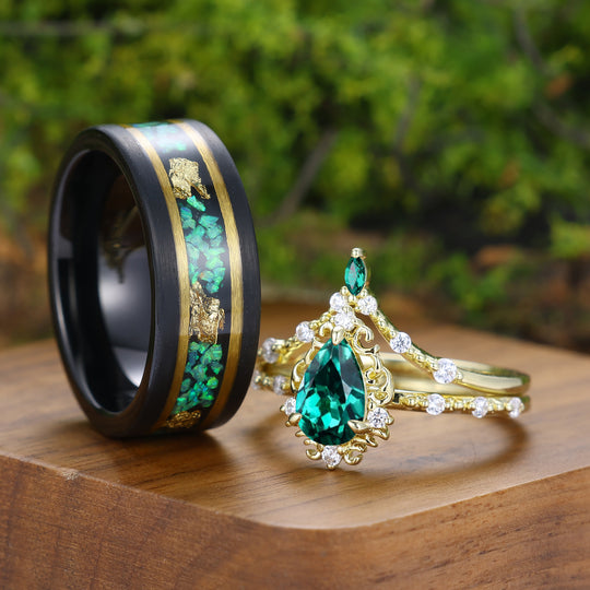 Vintage Pear Cut Green Emerald Couple Ring Set Filigreed Yellow Gold Plated Rings For Him And Her