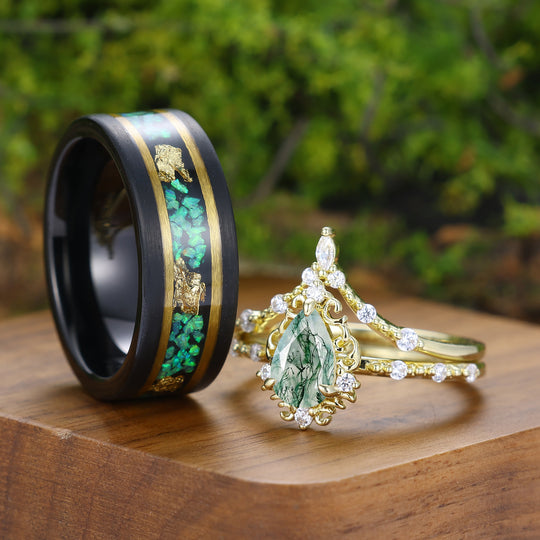 Antieke natuurlijke mosagaat bijpassende ringen voor hem en haar — unieke filigraan set van ringen voor koppels