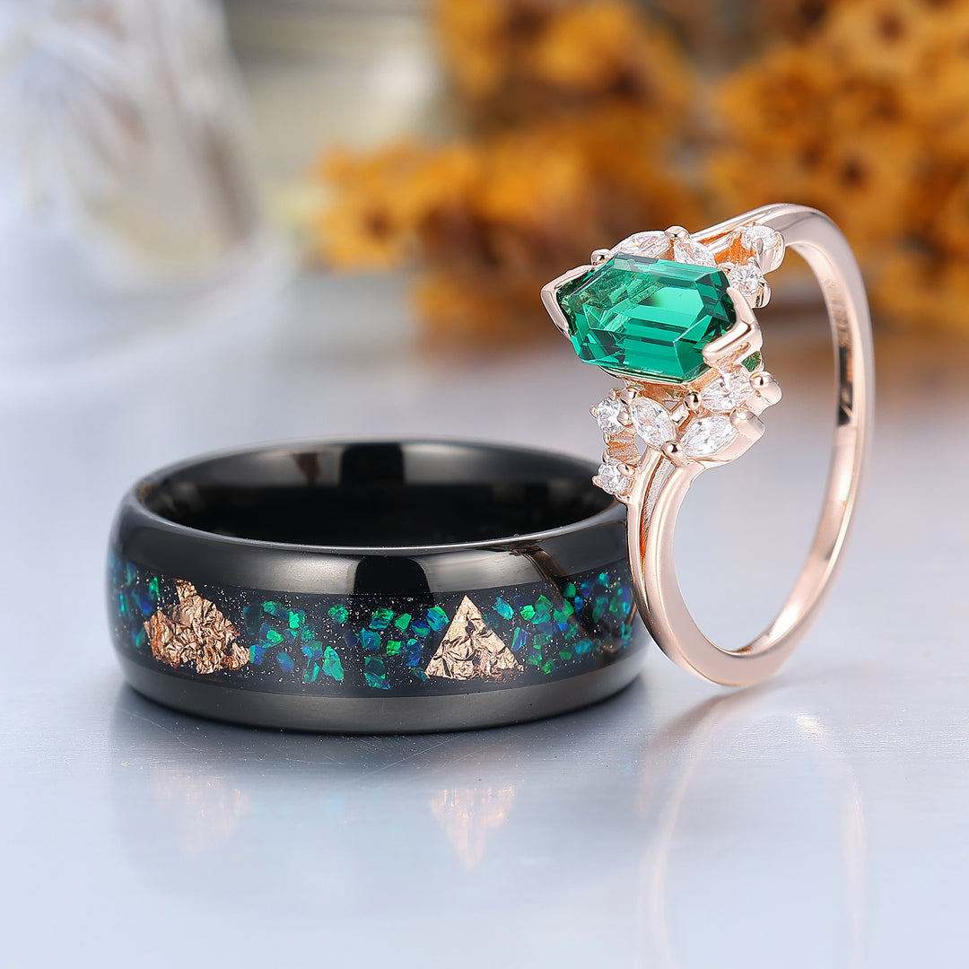 Retro Emerald Engagement Petal Promise Ring For Men For Women Green Tungsten Matching Couple Rings Set