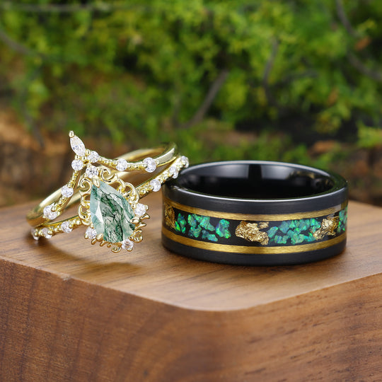 Antieke natuurlijke mosagaat bijpassende ringen voor hem en haar — unieke filigraan set van ringen voor koppels