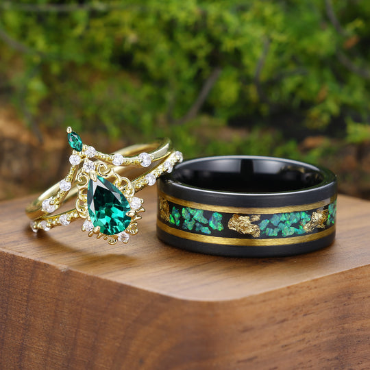 Vintage Pear Cut Green Emerald Couple Ring Set Filigreed Yellow Gold Plated Rings For Him And Her