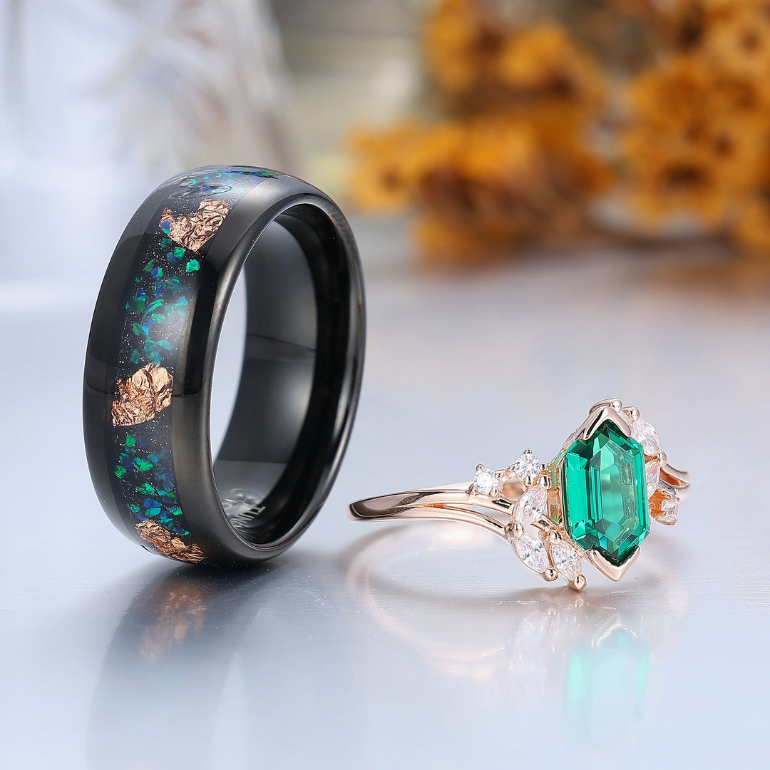 Retro Emerald Engagement Petal Promise Ring For Men For Women Green Tungsten Matching Couple Rings Set