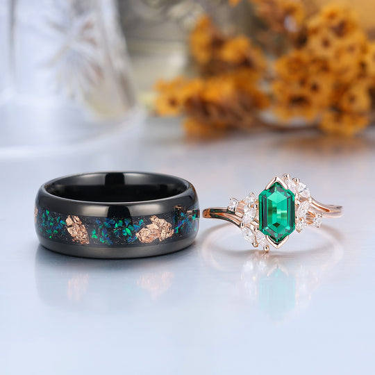 Retro Emerald Engagement Petal Promise Ring For Men For Women Green Tungsten Matching Couple Rings Set