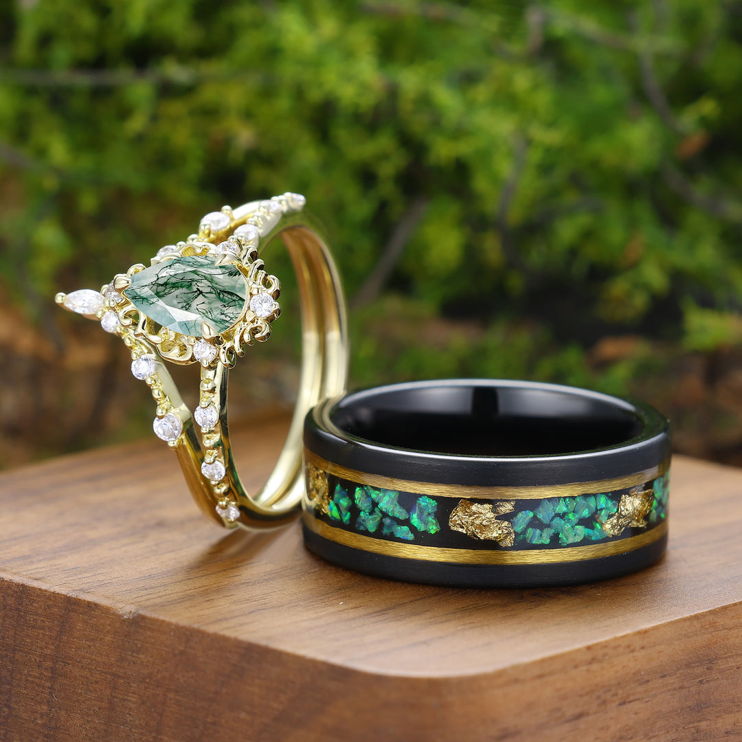 Antieke natuurlijke mosagaat bijpassende ringen voor hem en haar — unieke filigraan set van ringen voor koppels