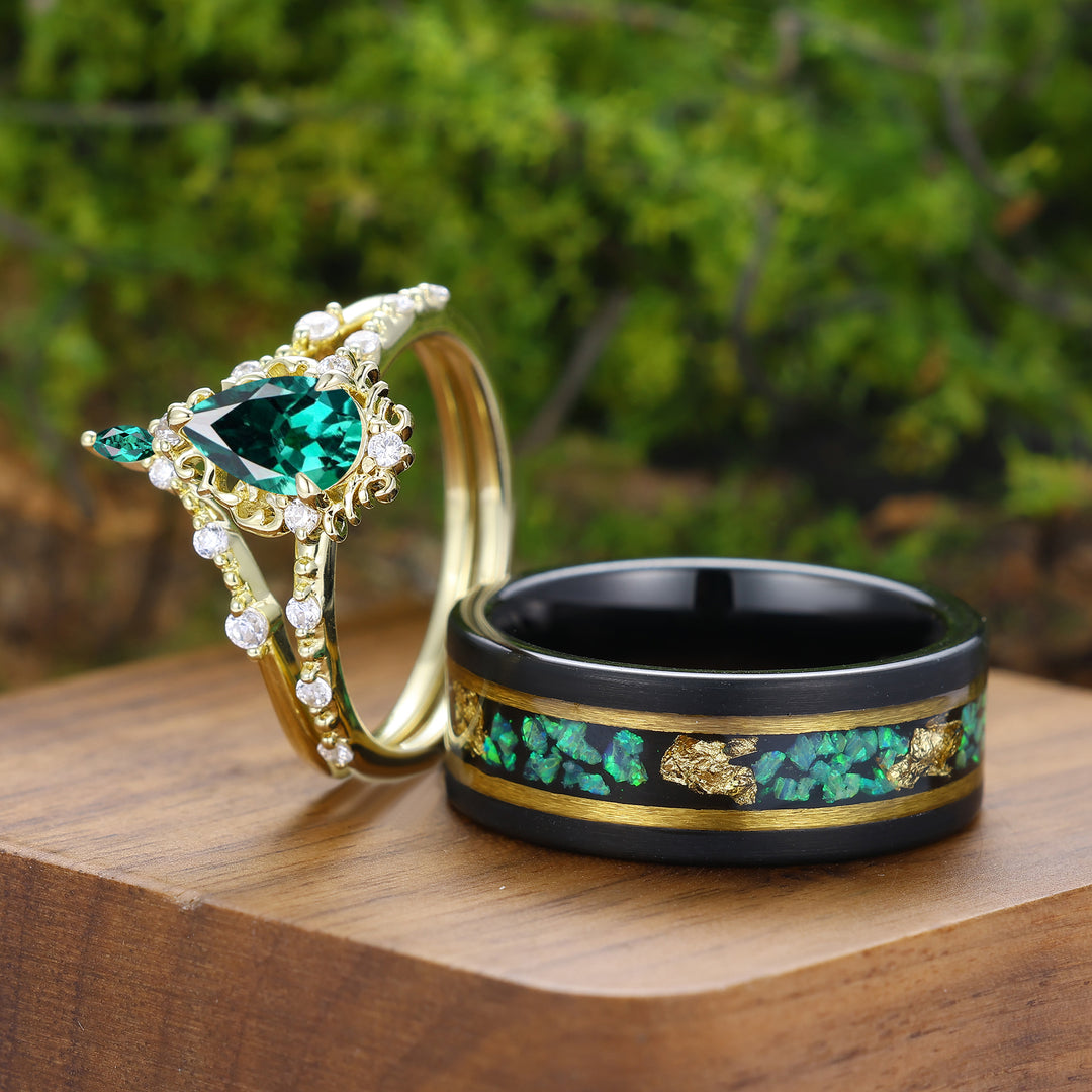 Vintage Pear Cut Green Emerald Couple Ring Set Filigreed Yellow Gold Plated Rings For Him And Her