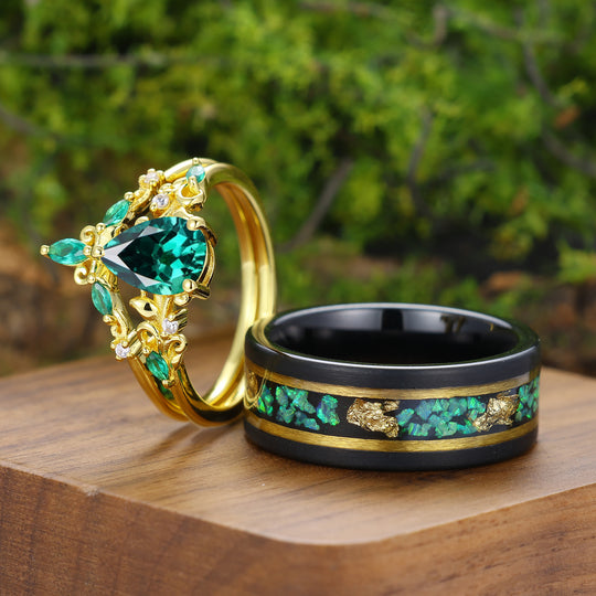 Vintage Pear Shaped Emerald Vine Couple Ring Set Scrollwork Engraved Handmade His And Hers Rings -  Esdomera.com