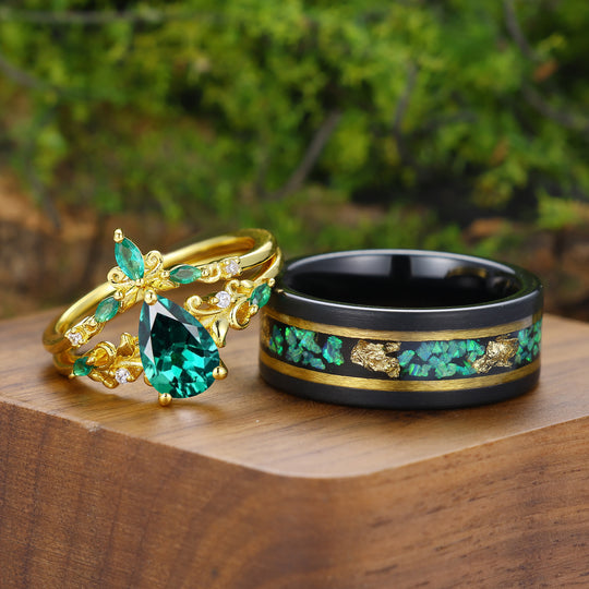 Vintage Pear Shaped Emerald Vine Couple Ring Set Scrollwork Engraved Handmade His And Hers Rings -  Esdomera.com