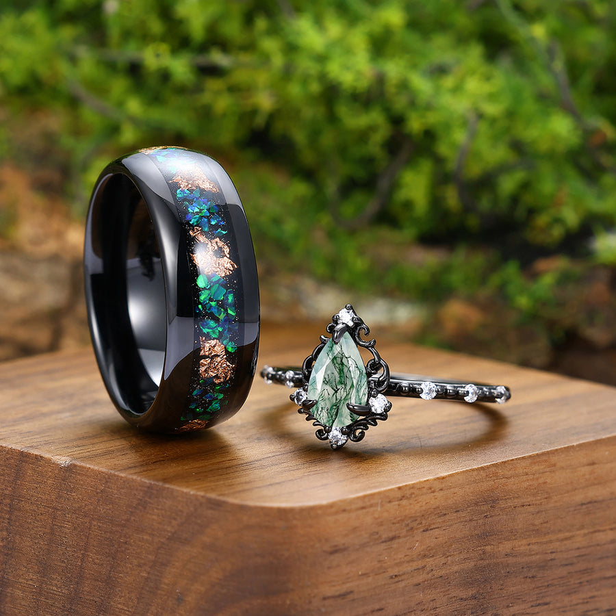 Anillos de compromiso para pareja con trabajo de filigrana delicado en forma de pera, anillos de aniversario a juego con cúpula pulida