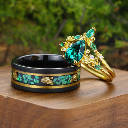 Vintage Pear Shaped Emerald Vine Couple Ring Set Scrollwork Engraved Handmade His And Hers Rings -  Esdomera.com