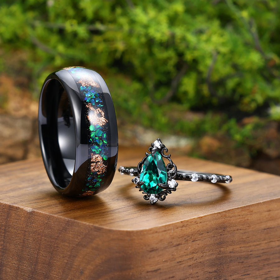 Personalized Moss Agate Milgrain Edging His And Hers Wedding Bands Promise Tungsten Couple's Set