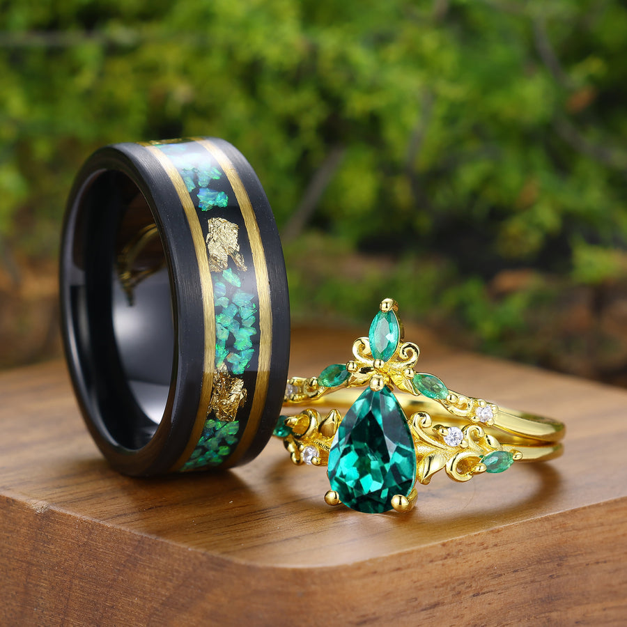 Vintage Pear Shaped Emerald Vine Couple Ring Set Scrollwork Engraved Handmade His And Hers Rings