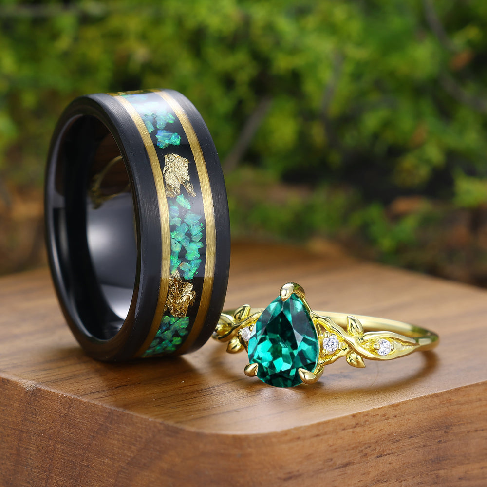 Green Emerald Leaf Sprig Couple Rings Green Matching Rings For Women And Men