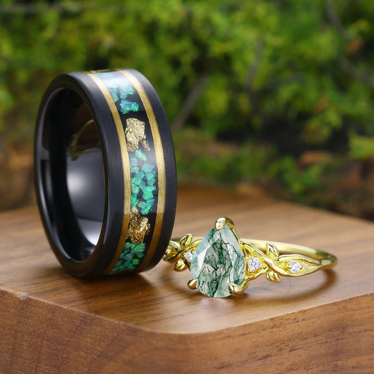 Pear Cut Natural Green Moss Agate Couple Rings Leaf Branch Rings For Him And Her