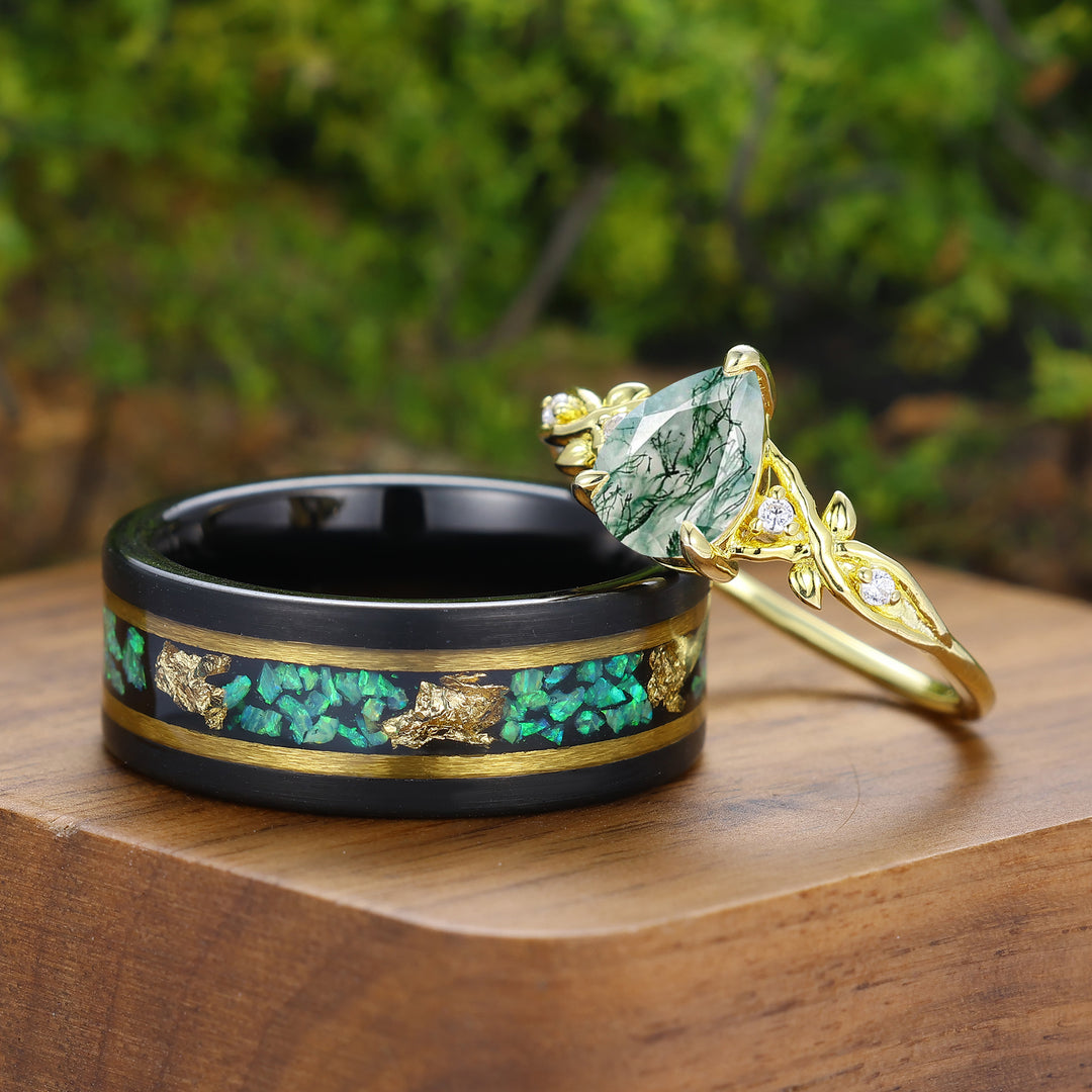 Pear Cut Natural Green Moss Agate Couple Rings Leaf Branch Rings For Him And Her