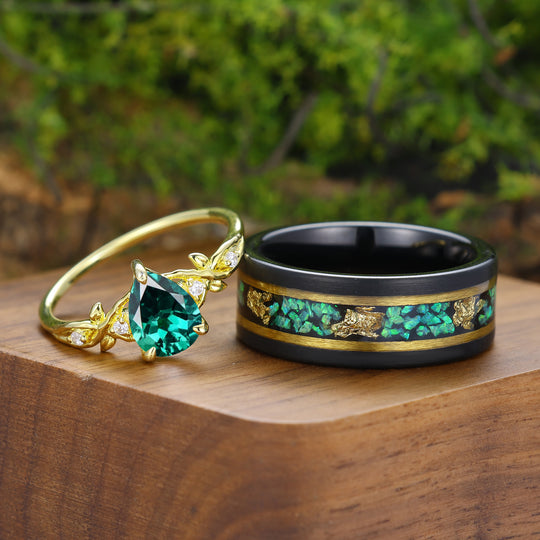 Anelli Coppia Rametto di Foglia di Smeraldo Verde Anelli Coordinati Verdi per Donna e Uomo